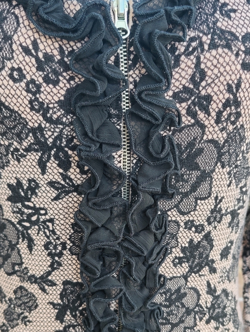 Twelve by Twelve Dark Floral Lace Trim Zip Fitted Cardigan Top Size M Whimsigoth - Picture 6 of 16